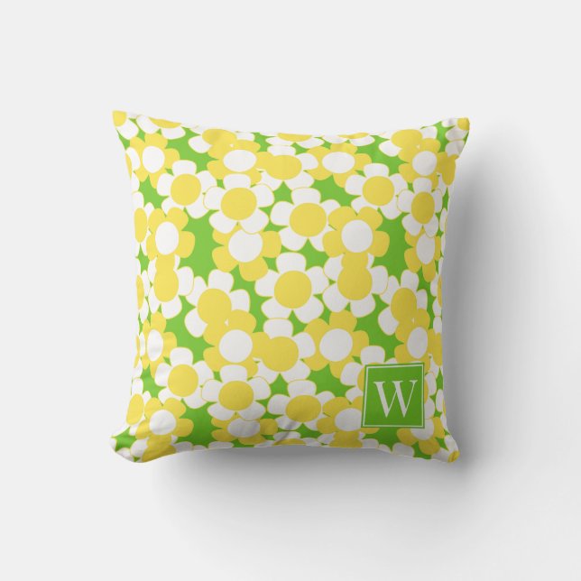 Preppy Daisy Blommar – Gula & Lime Monogram Kudde (Framsida)