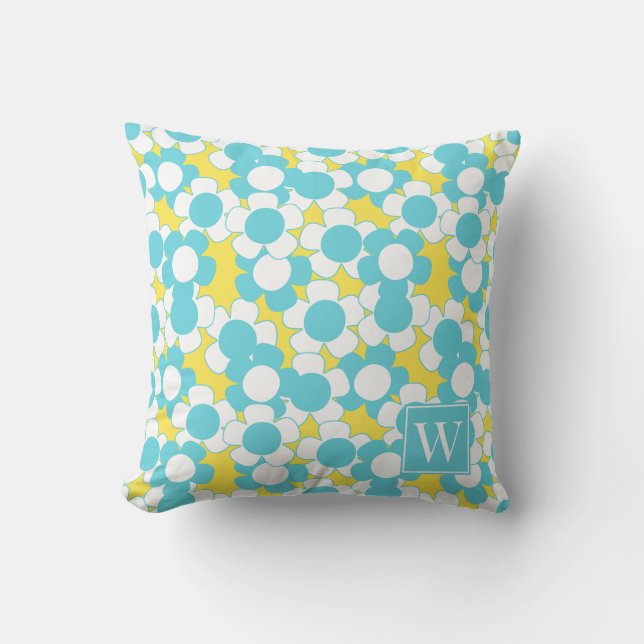 Preppy Daisy Blomning – Gul & Turkos Monogram Kudde (Framsida)