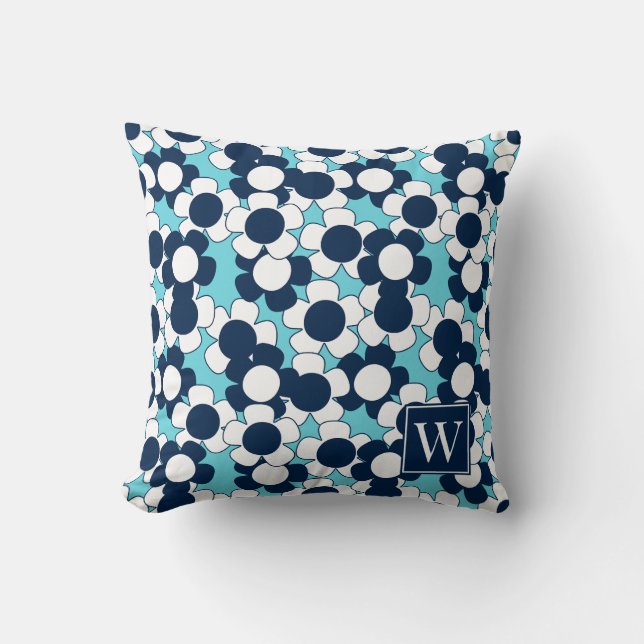 Preppy Daisy Blomning – Turkos & Marinblå Monogram Kudde (Framsida)