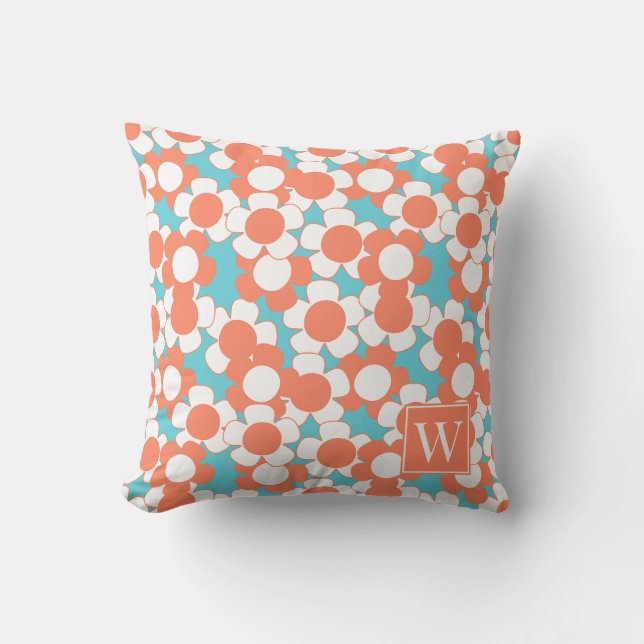 Preppy Daisy Bloom – Korall & Turkos Monogram Kudde (Framsida)