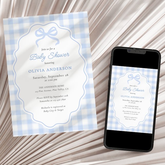 Preppy Doodle Frame Blue Gingham & Bow Baby Shower Inbjudningar (Skapare uppladdad)