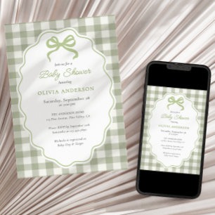 Preppy Doodle Ram Green Gingham Slöja Baby Shower Inbjudningar