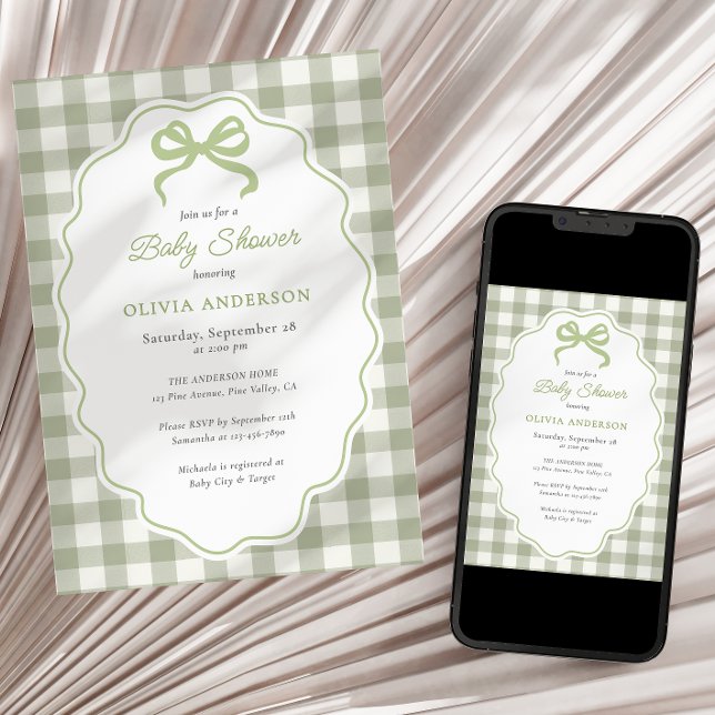 Preppy Doodle Ram Green Gingham Slöja Baby Shower Inbjudningar (Skapare uppladdad)
