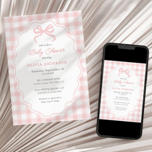 Preppy Doodle Ram Pink Gingham & Ros Babyshower Inbjudningar