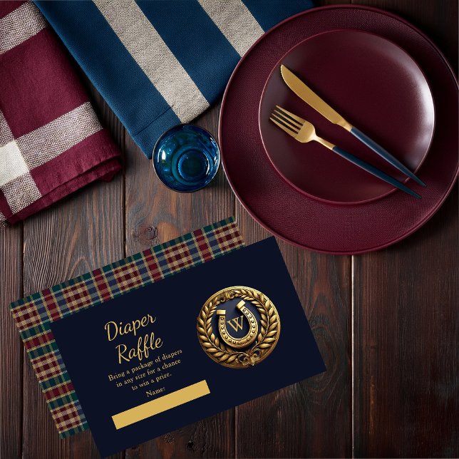 Preppy Equestrian Horseshoe Blue Diaper Raffle Tilläggskort (Charming Classic Preppy Gold Horseshoe Monogram Emblem Plaid  Boy Baby Shower Diaper Raffle Card)