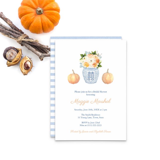 Preppy Fall Flowers Ginger Burk Pumpkin Baby Showe Inbjudningar (Bridal Shower Invitation With Fall flowers in ginger jar, pumpkins and pale blue stripes on reverse)