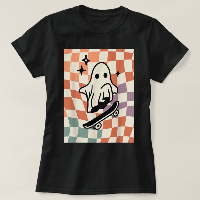 Preppy Fall Skater Ghost Autumn Vibe Checker Cute  T Shirt (Design framsida)