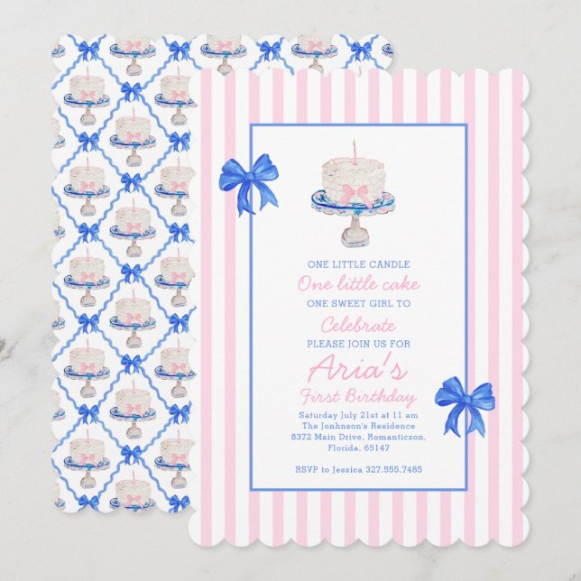 Preppy First Birthday Chinoiserie Ruffle Cake Bows Inbjudningar (Fram/baksida)