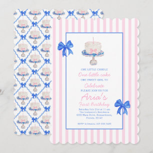 Preppy First Birthday Chinoiserie Ruffle Cake Bows Inbjudningar