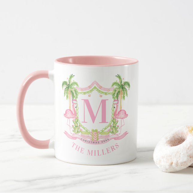 Preppy Flamingo Christmas Monogram Crest Mugg (Med munk)