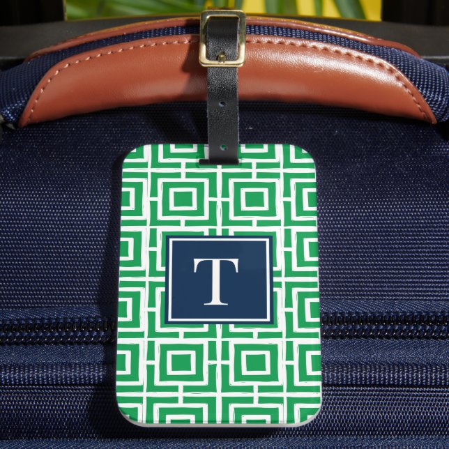 Preppy fyrkantig gittermonogram - Grön & Marinblå Bagagebricka (Framsida Insitu 2)