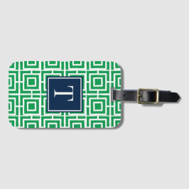 Preppy fyrkantig gittermonogram - Grön & Marinblå Bagagebricka
