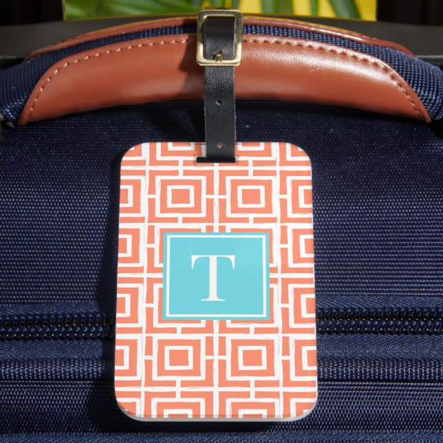 Preppy fyrkantig gittermonogram - korall & turkos bagagebricka (Framsida Insitu 2)