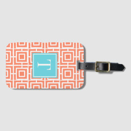 Preppy fyrkantig gittermonogram - korall & turkos bagagebricka