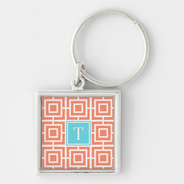 Preppy fyrkantig gittermonogram - korall & turkos silverfärgad nyckelring (Framsidan)