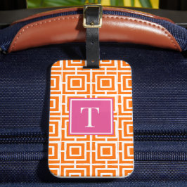 Preppy fyrkantig gittermonogram orange & varmröd bagagebricka