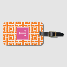Preppy fyrkantig gittermonogram orange & varmröd bagagebricka