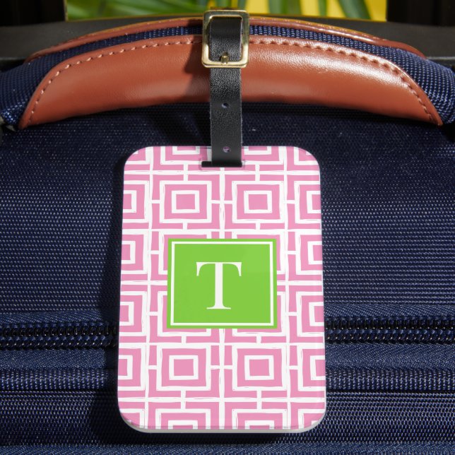 Preppy fyrkantig gittermonogram – Rosa & Lime Bagagebricka (Framsida Insitu 2)