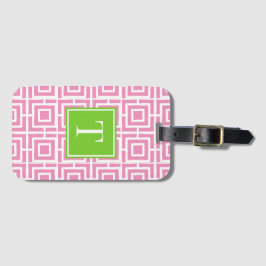 Preppy fyrkantig gittermonogram – Rosa & Lime Bagagebricka