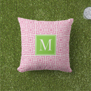 Preppy fyrkantig gittermonogram – Rosa & Lime Kudde