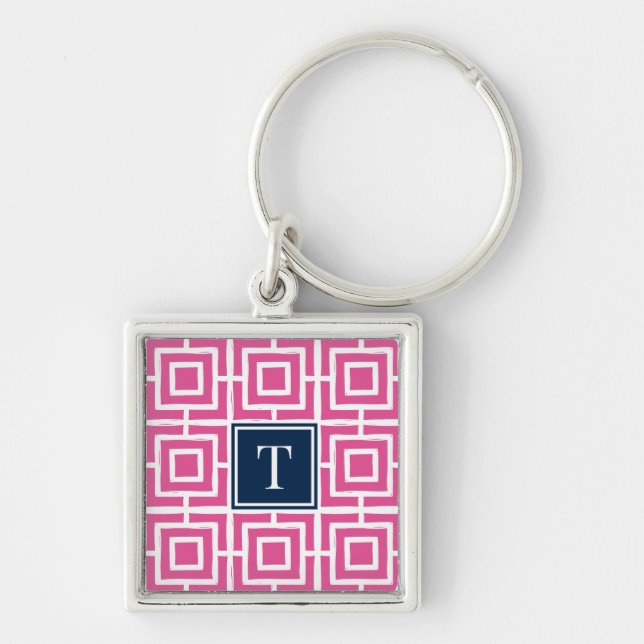 Preppy fyrkantig gittermonogram - varmt rosa & mar silverfärgad nyckelring (Framsidan)