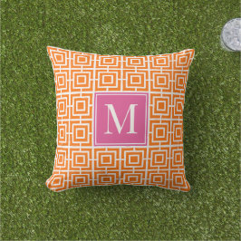 Preppy fyrkantig gittermonogram varmt rosa & orang kudde
