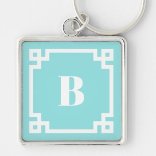 Preppy fyrkantig grekisk nyckelgräns Aqua blå mono Silverfärgad Nyckelring