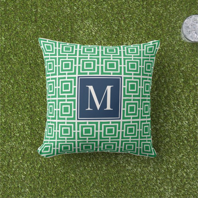 Preppy fyrkantigt gittermonogram – Grönt & Marinbl Kudde (Gräs)