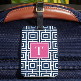 Preppy fyrkantigt gittermonogram – Marinblå & het  Bagagebricka