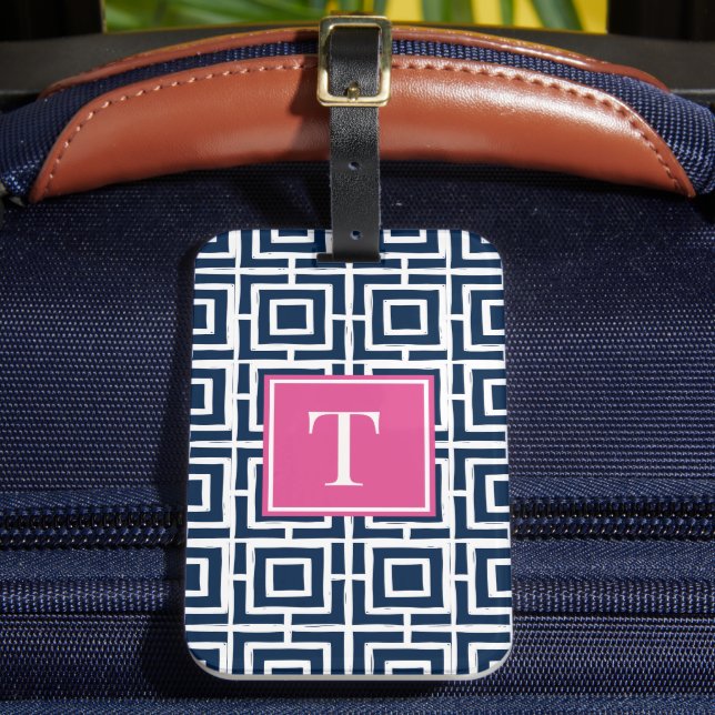 Preppy fyrkantigt gittermonogram – Marinblå & het  Bagagebricka (Framsida Insitu 2)
