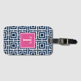 Preppy fyrkantigt gittermonogram – Marinblå & het  Bagagebricka