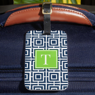Preppy fyrkantigt gittermonogram – Marinblå & Lime Bagagebricka