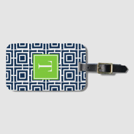 Preppy fyrkantigt gittermonogram – Marinblå & Lime Bagagebricka