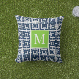Preppy fyrkantigt gittermonogram – Marinblå & Lime Kudde