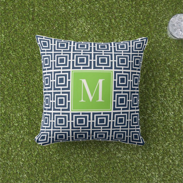 Preppy fyrkantigt gittermonogram – Marinblå & Lime Kudde (Gräs)