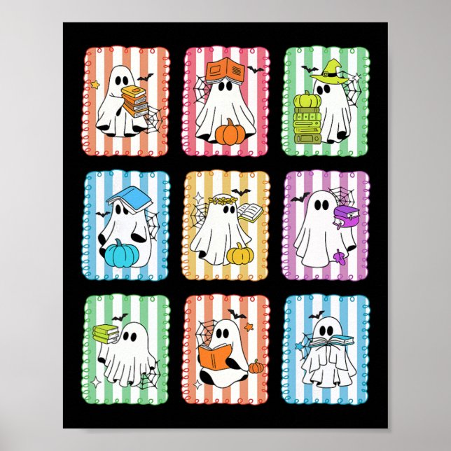 Preppy Ghost Reading Bokar Teacher Halloween Libra Poster (Framsidan)