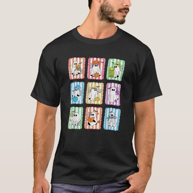 Preppy Ghost Reading Bokar Teacher Halloween Libra T Shirt (Framsida)