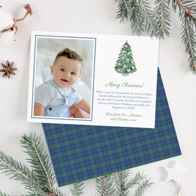 Preppy Ginger Burk Ornaments God jul Photo Julkort (Elegant chinoiserie christmas tree photo holidays card with blue green tartan reverse)