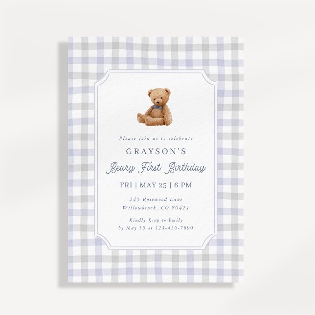 Preppy Gingham Teddy Bear Beary First Birthday Inbjudningar (Skapare uppladdad)