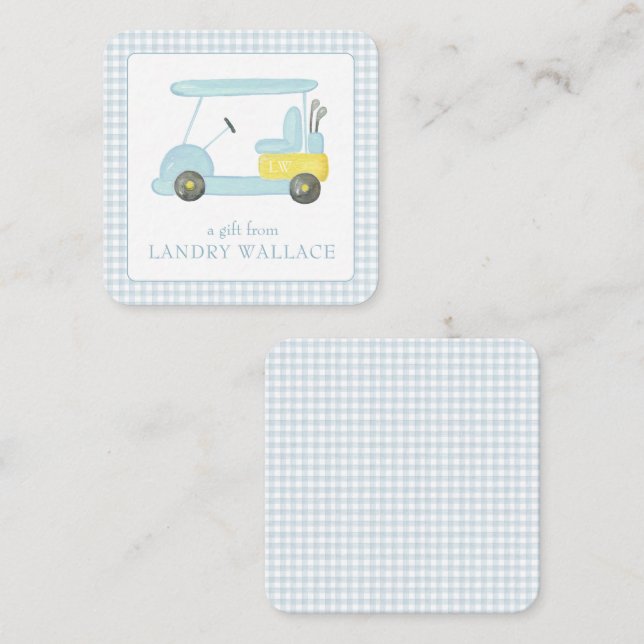 Preppy Gingham Watercolor Blue Monogram Golf Cart Anteckningskort (Fram/baksida)