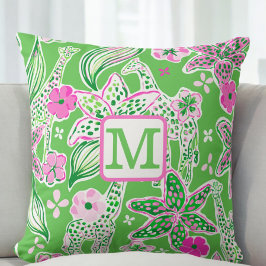 Preppy Giraffer Lily Monogram / Grön Rosa Blommig Kudde