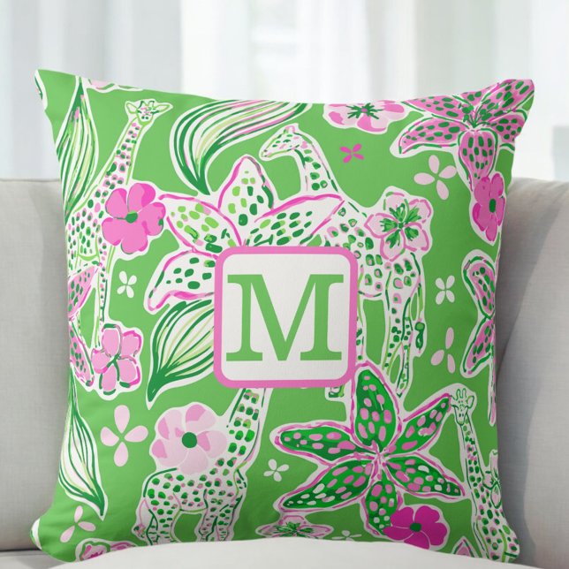 Preppy Giraffer Lily Monogram / Grön Rosa Blommig Kudde (Skapare uppladdad)