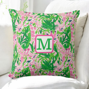 Preppy Giraffer Rosa Grön Tropisk Monogram Kudde