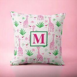 Preppy Giraffes Cosmopolitans Rosa Monogram Kudde