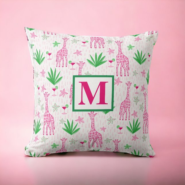 Preppy Giraffes Cosmopolitans Rosa Monogram Kudde (Skapare uppladdad)