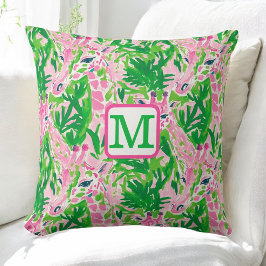 Preppy Giraffes Rosa Grönt Tropical Monogram Kudde