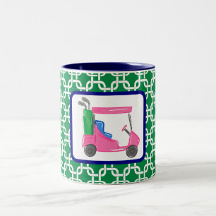 Preppy Golf Cart Grönt White Link Mönster Golfer Två-Tonad Mugg