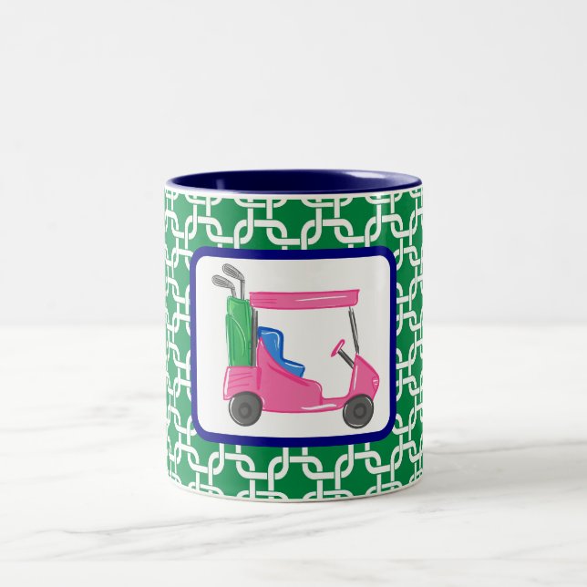 Preppy Golf Cart Grönt White Link Mönster Golfer Två-Tonad Mugg (Center)