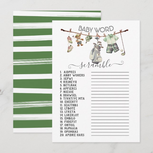 Preppy Golf Clothesline Baby Ord Scramble Inbjudningar (Fram/baksida)