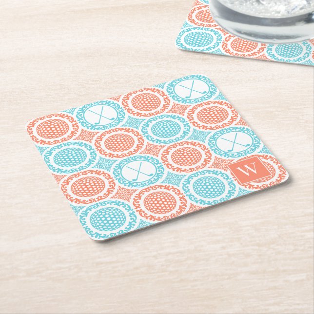 Preppy Golf Damask - Balls & Clubs Coral Turquoise Underlägg Papper Kvadrat (Vinklad)